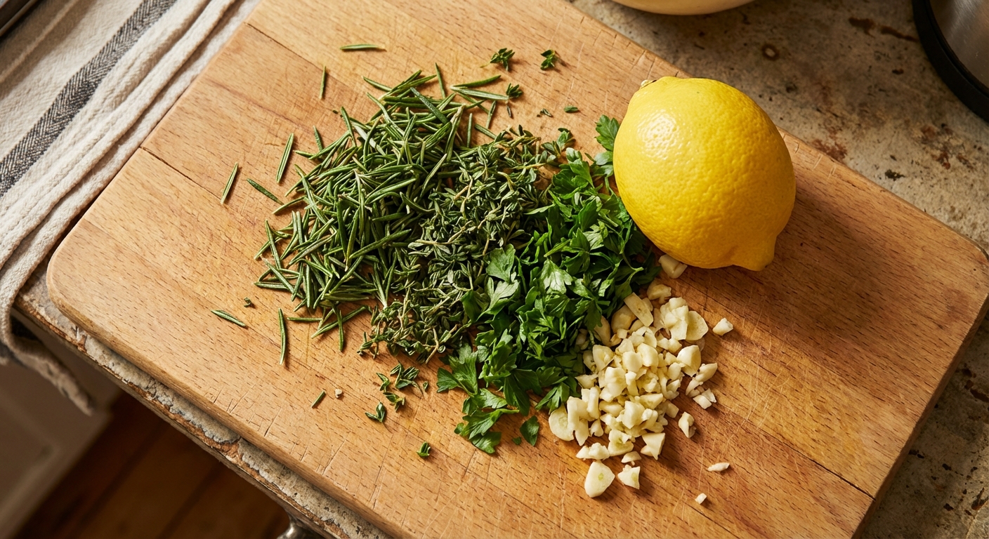 Close-up of chopped fresh rosemary, thyme, parsley, and garlic on a cutting board next to a lemon