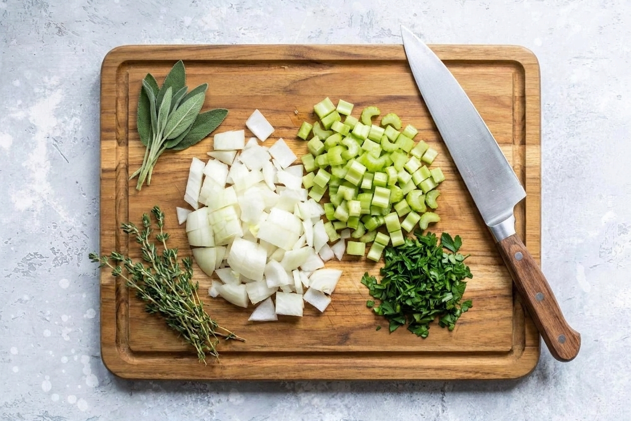 Close-up of chopped onion and celery with fresh sage, thyme, and parsley on a cutting board beside a knife