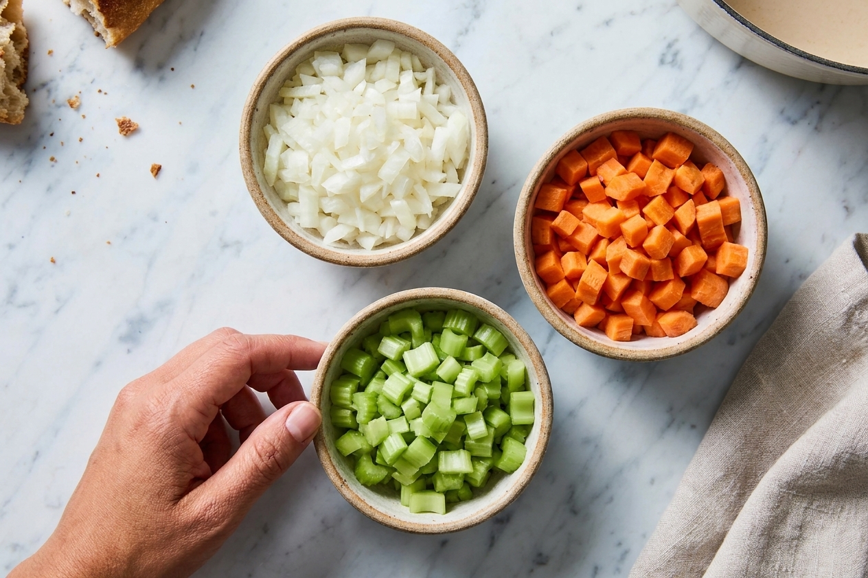 Close-up of chopped onion, diced carrots, and diced celery in small bowls on a kitchen counter ready to start soup