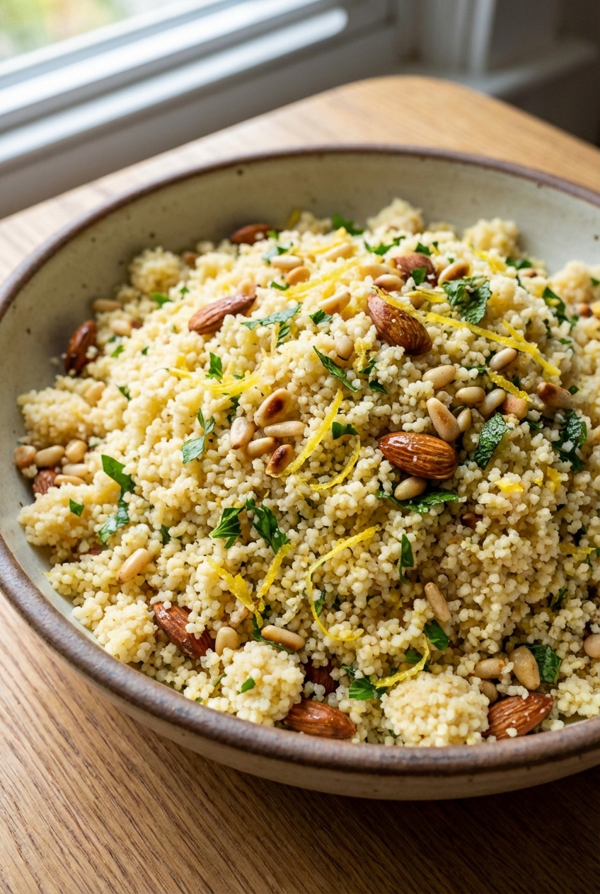 Close-up of couscous grains with lemon zest, chopped herbs, and toasted nuts in a serving bowl