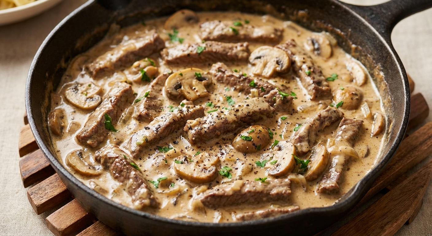 Close-up of creamy beef stroganoff sauce coating mushrooms and beef in a skillet