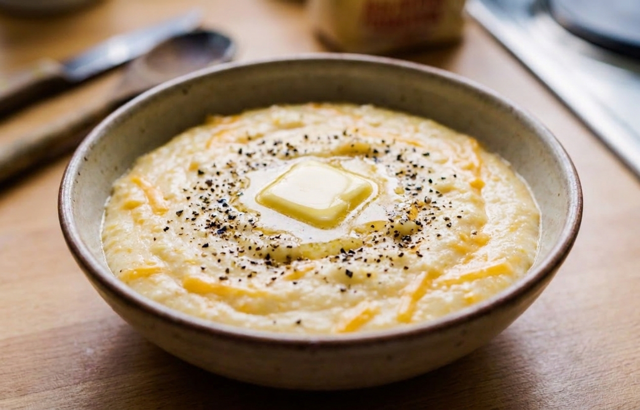 Close-up of creamy cheesy grits in a bowl with cracked black pepper and a pat of butter melting on top