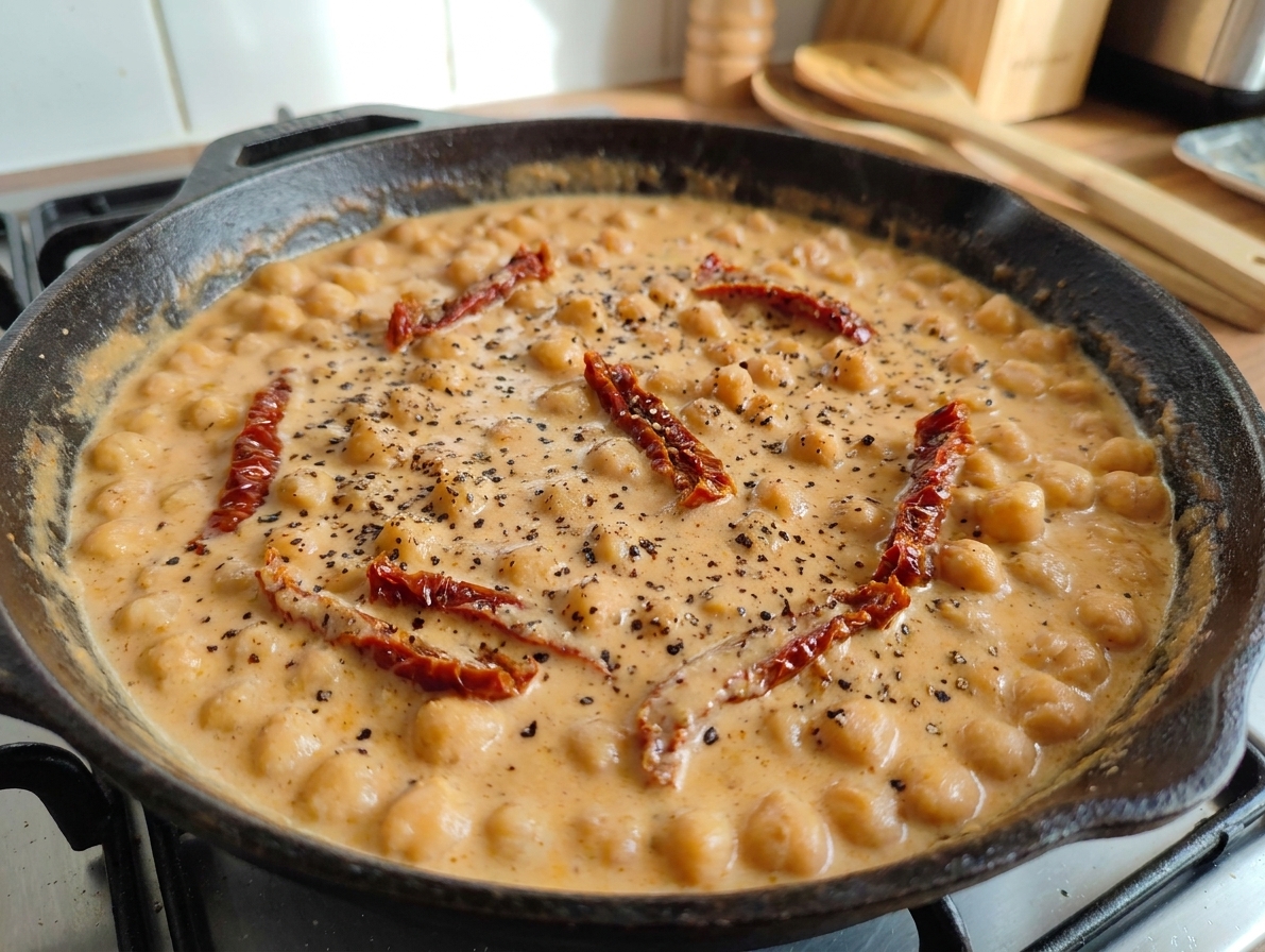 Close-up of creamy chickpeas in a pale orange sauce with visible sun-dried tomato strips and specks of black pepper in a skillet
