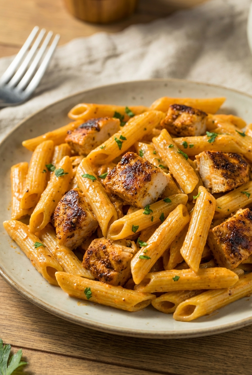 Close-up of creamy sauce coating penne pasta with Cajun-seasoned chicken