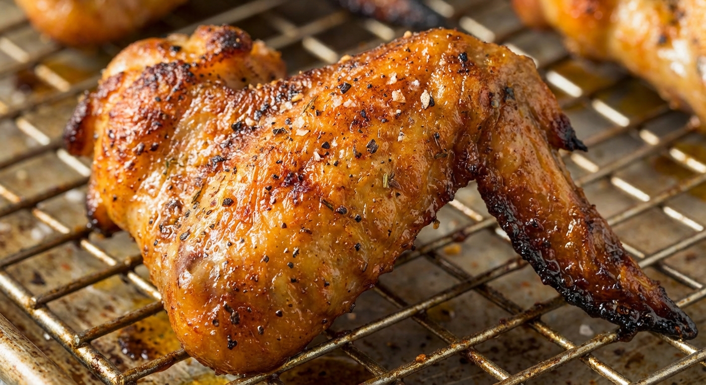 Close-up of crispy chicken wing skin with visible seasoning and browned edges on a baking rack