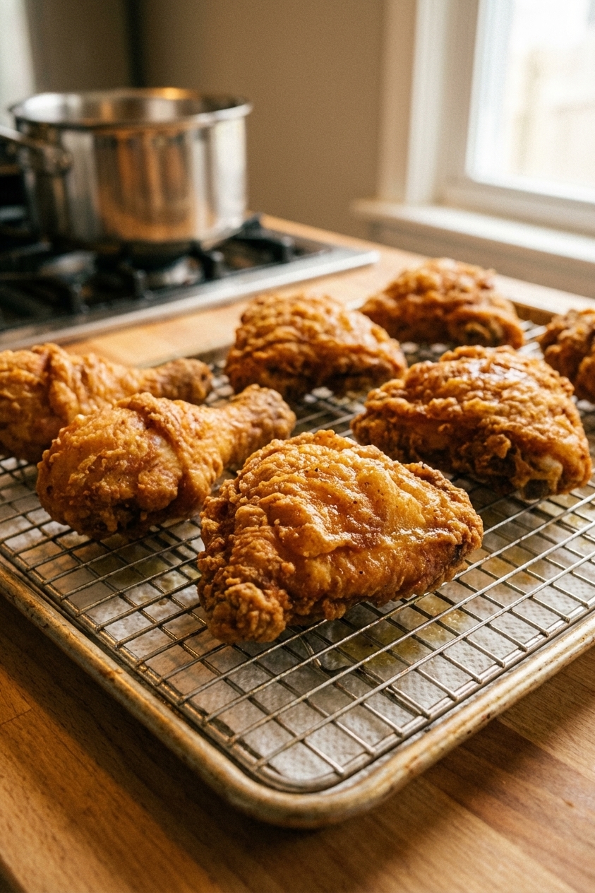 Close-up of crispy fried chicken pieces resting on a wire rack after frying