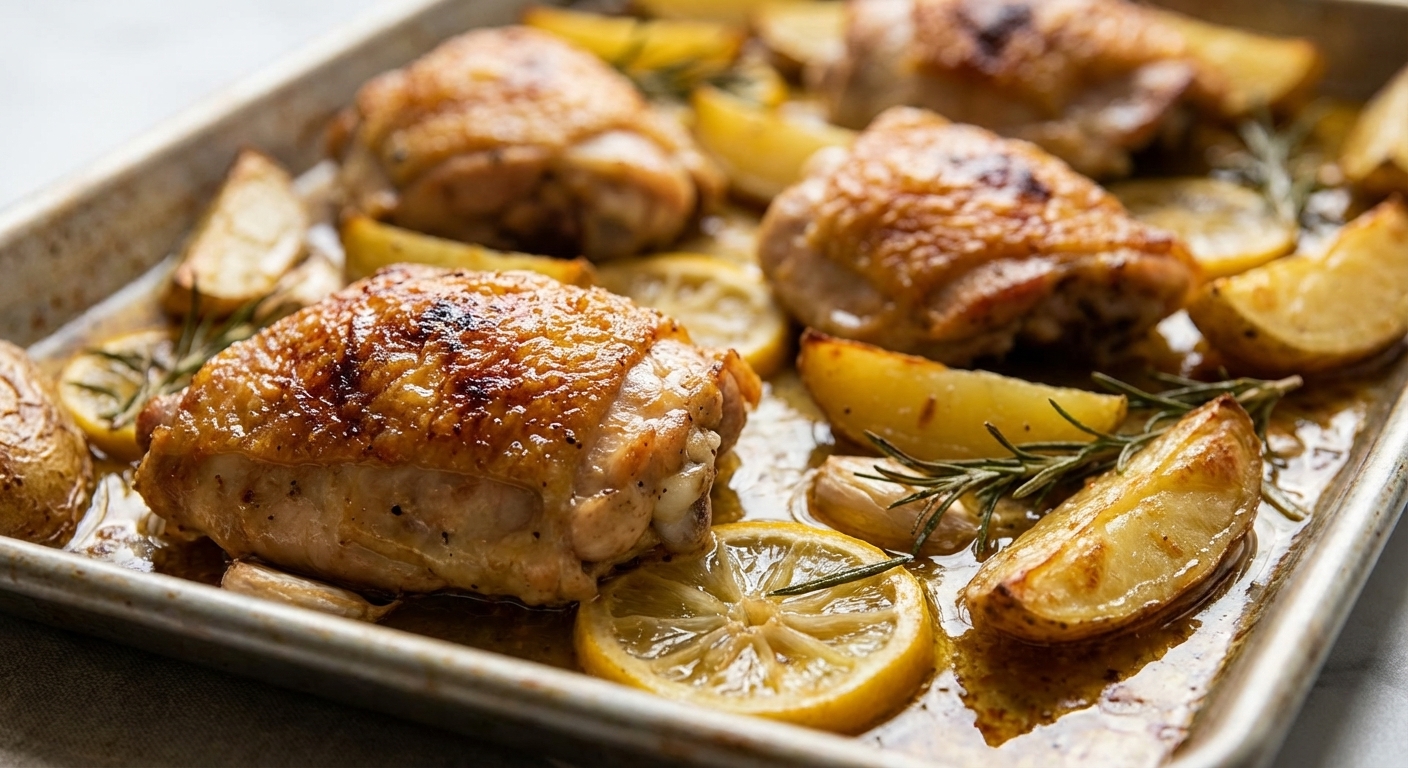 Close-up of crispy-skinned roasted chicken thighs surrounded by golden potato wedges in a sheet pan, with glossy lemon-garlic juices pooling at the bottom, shallow depth of field