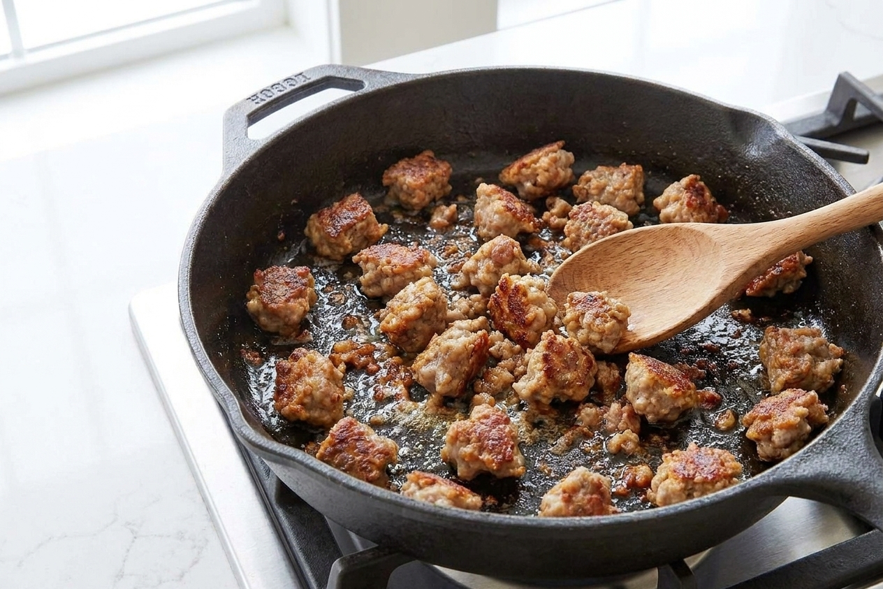 Close-up of crumbled sweet Italian sausage browning in a skillet with golden edges and small bits sticking to the pan