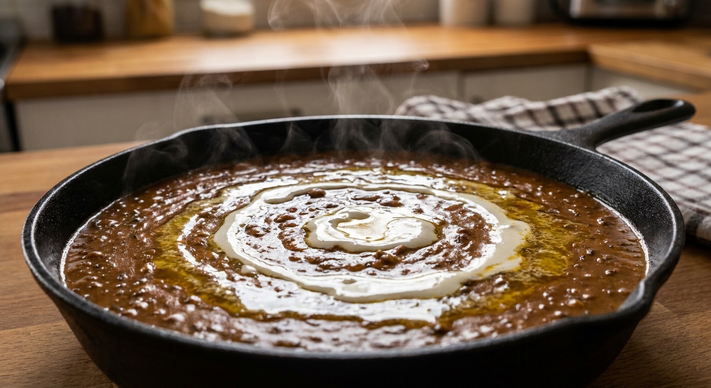 Close-up of dal makhani in a pan, showing a glossy surface with melted butter and a swirl of cream, steam rising in a home kitchen
