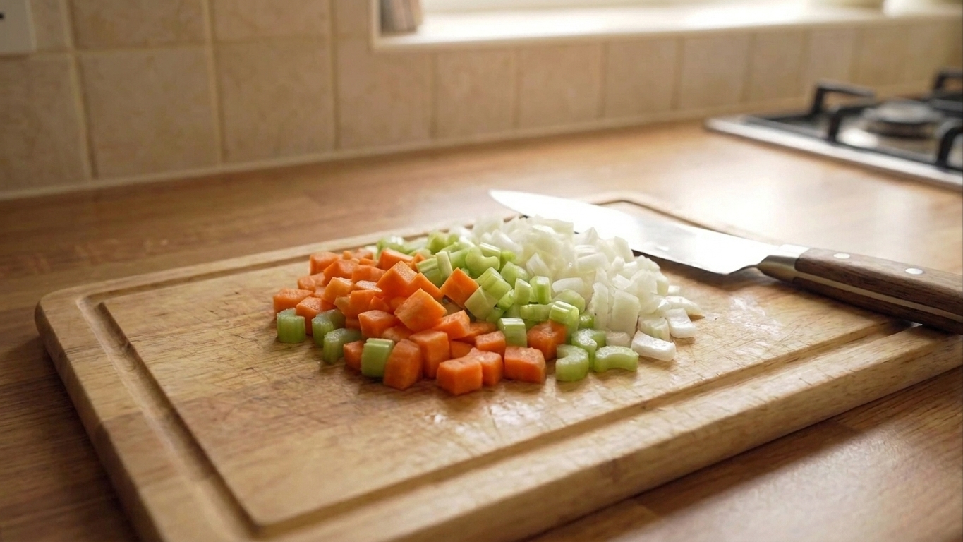 Close-up of diced carrots, celery, and onion on a cutting board with a chef’s knife, warm natural kitchen lighting