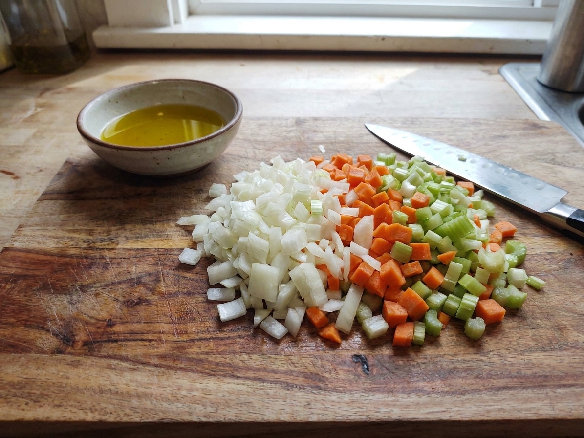 Close-up of diced onion, carrot, and celery on a cutting board with a small bowl of olive oil nearby on a home kitchen counter