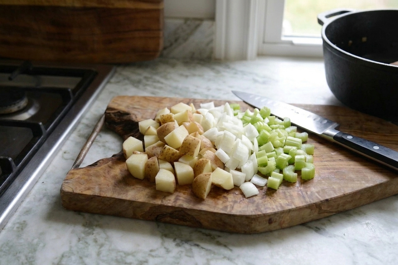 Close-up of diced potatoes, onion, and celery on a cutting board ready for chowder