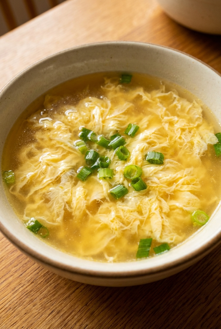 Close-up of egg drop soup showing delicate egg ribbons and scallions in a clear golden broth