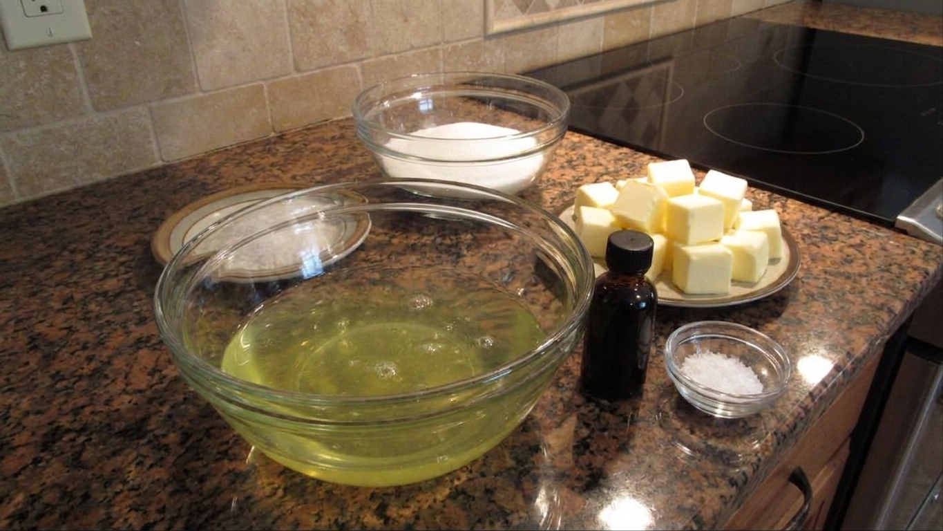 Close-up of egg whites in a bowl beside a bowl of granulated sugar, cubed butter, vanilla extract, and salt on a kitchen counter