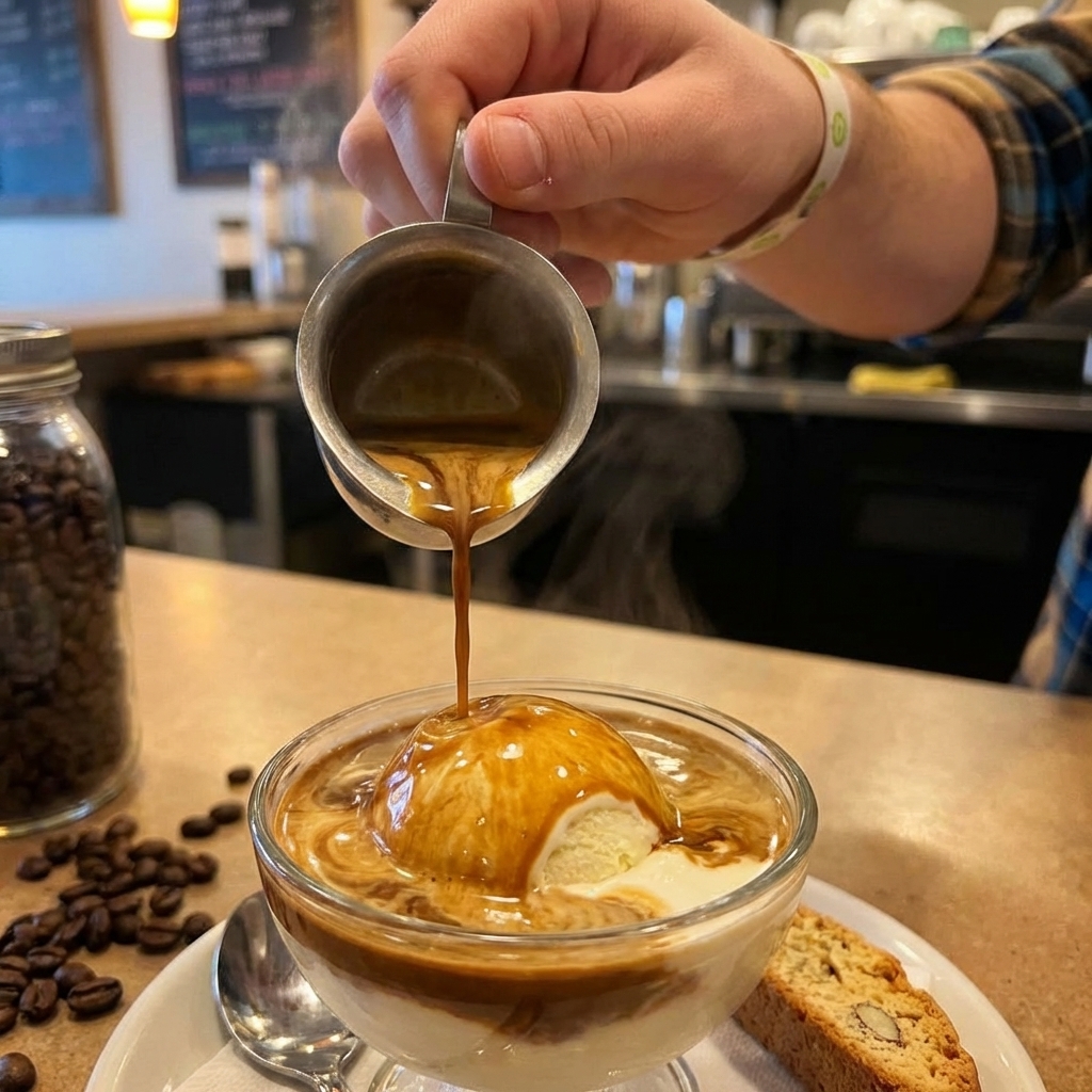 Close up of espresso pouring in a thin stream onto vanilla gelato, creating a glossy coffee pool around the melting scoop