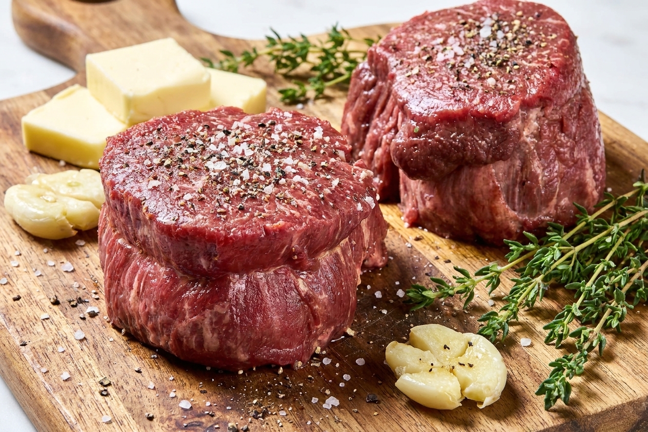 Close-up of filet mignon steaks seasoned with salt and pepper beside butter, smashed garlic, and thyme sprigs arranged on a wooden cutting board