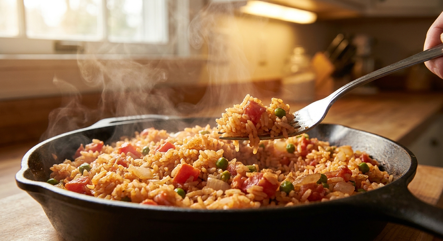 Close-up of fluffy Spanish rice being fluffed with a fork in a skillet, steam rising, warm kitchen lighting