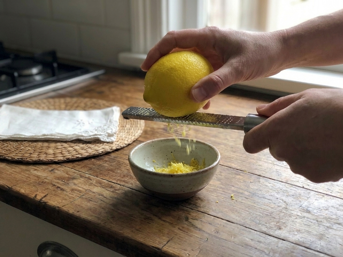 Close-up of fresh lemon being zested with a microplane over a small bowl on a bright kitchen counter
