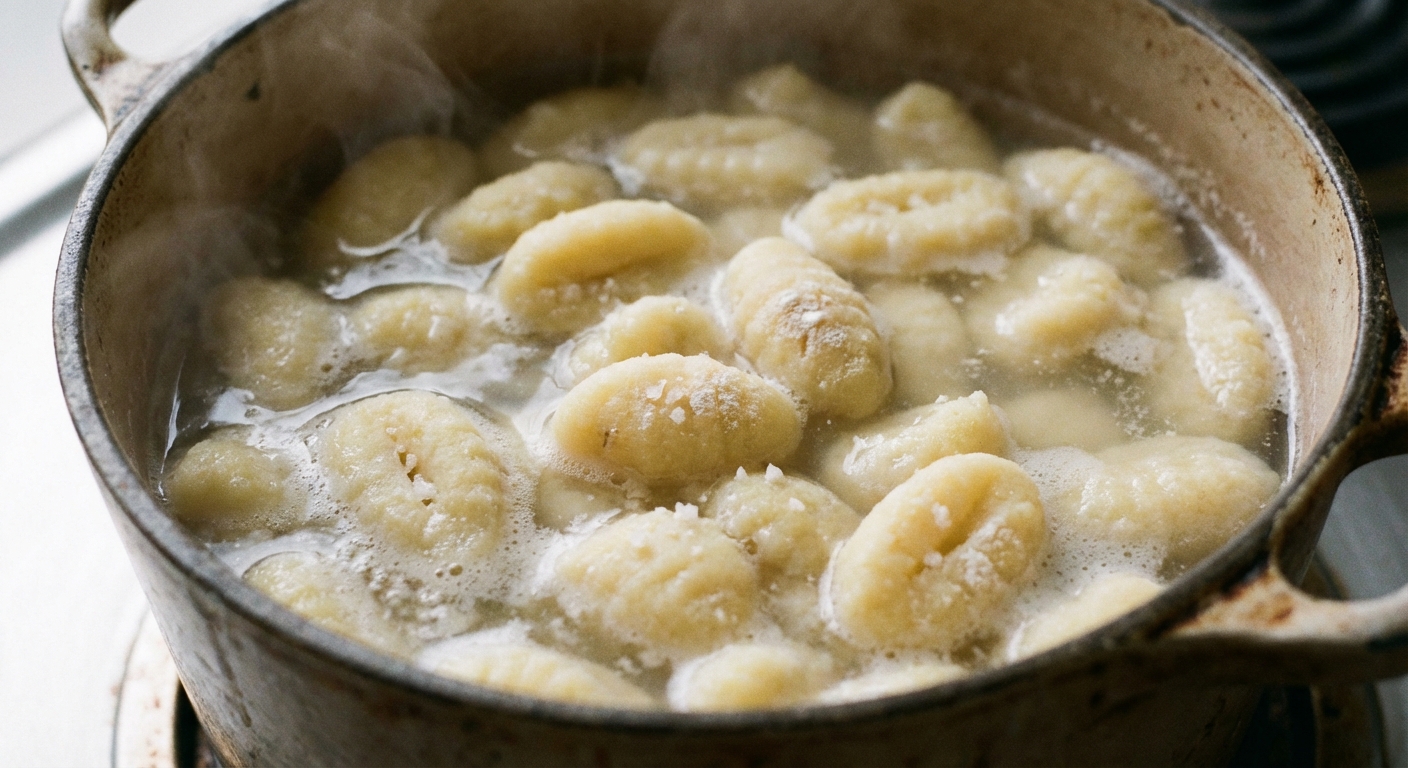Close-up of freshly boiled gnocchi floating at the surface of a pot of salted water