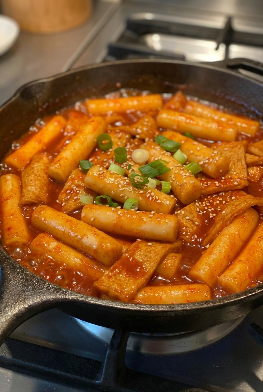 Close-up of glossy tteokbokki rice cakes in a pan, showing the sauce clinging to the surface