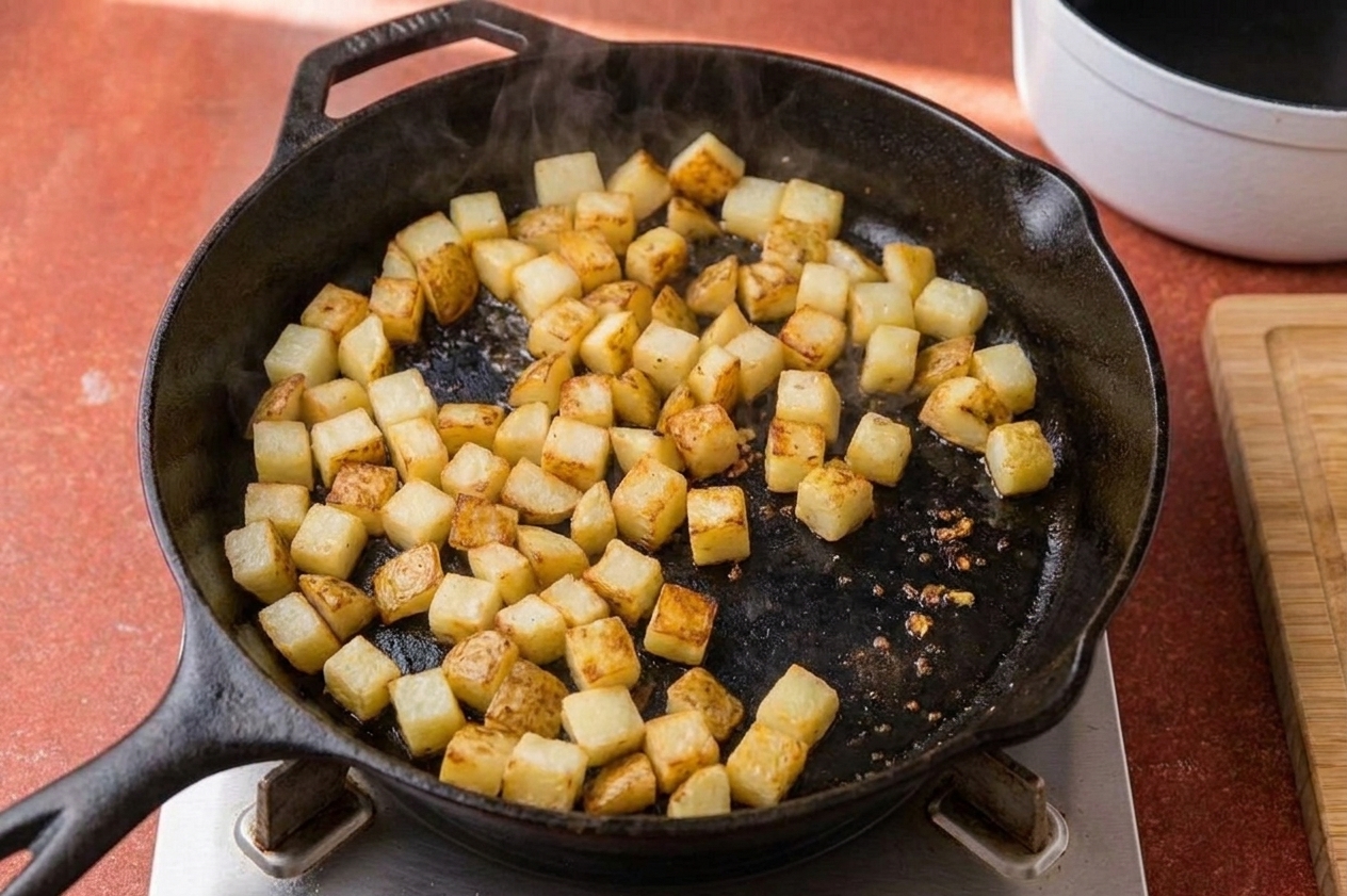 Close-up of golden-brown fried potato cubes with crisp edges in a skillet, with small browned bits on the pan surface