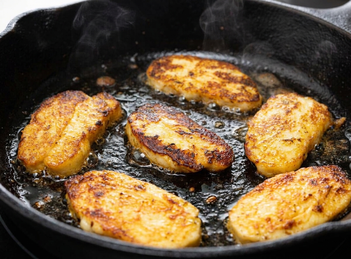 Close-up of halloumi slices sizzling and turning golden brown in a skillet on the stove