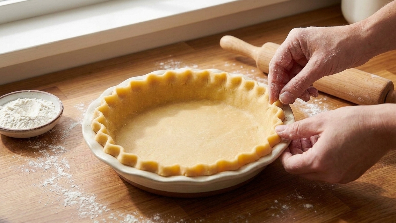 Close-up of hands crimping the edge of a shortcrust pastry in a ceramic pie dish on a kitchen counter