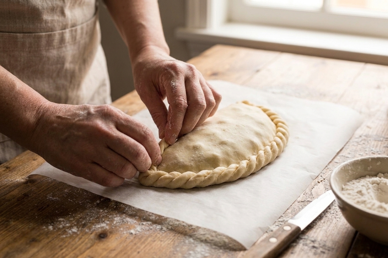 Close-up of hands crimping the edge of an unbaked Cornish pasty on parchment paper with a neat rope-like seal