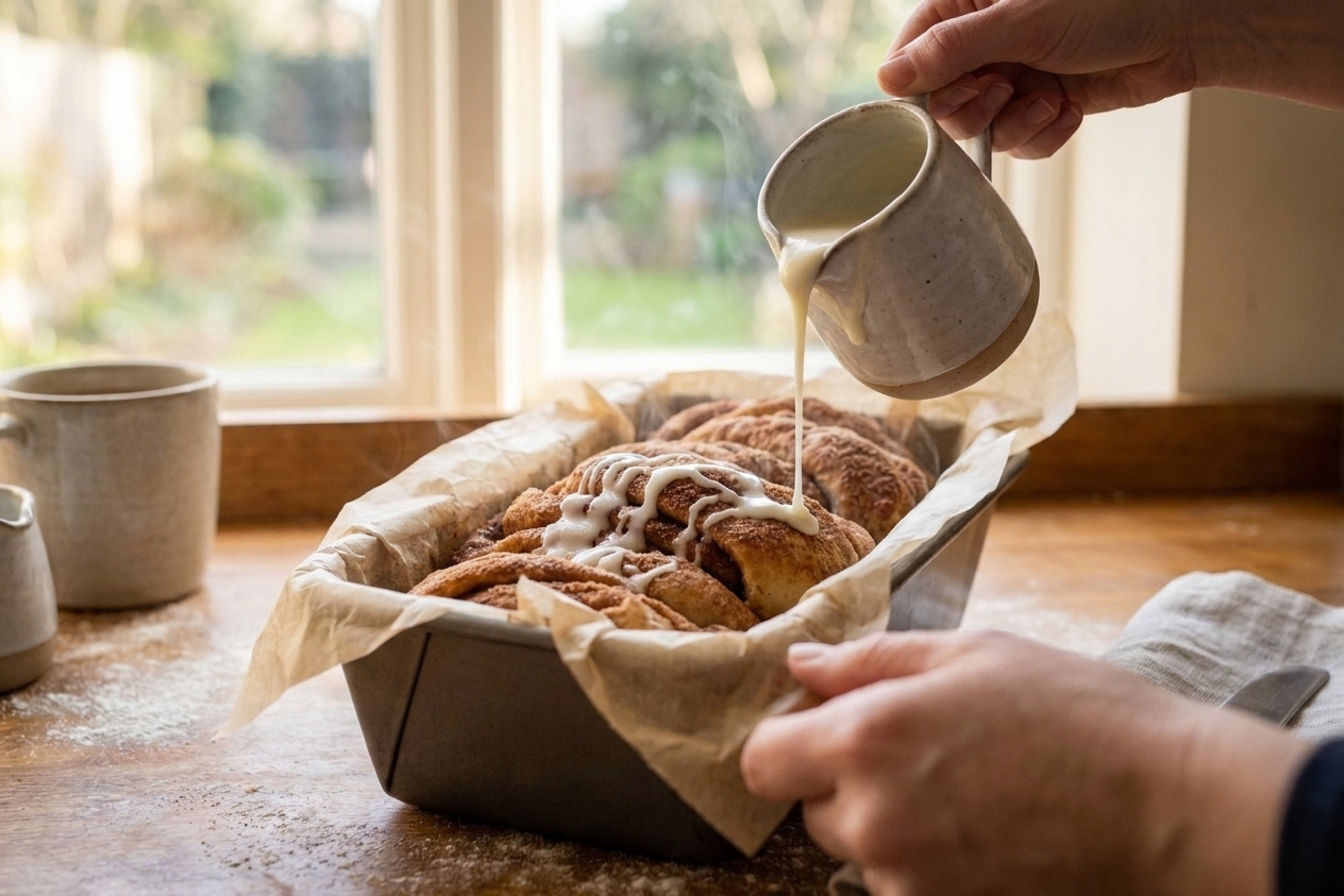 Close-up of hands drizzling vanilla icing over a warm pull-apart cinnamon loaf on a parchment-lined pan in a home kitchen