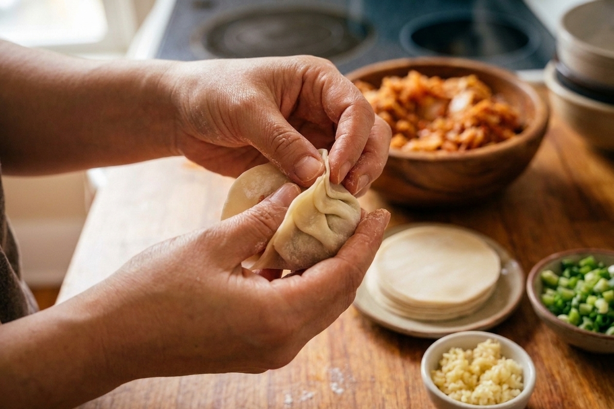 Close-up of hands folding a dumpling wrapper around filling and pinching the edges to seal