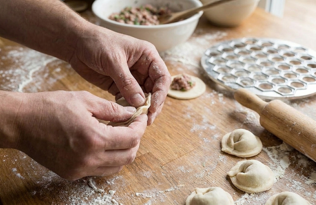 Close-up of hands folding a small meat-filled dumpling and pinching the edges to seal a pelmeni