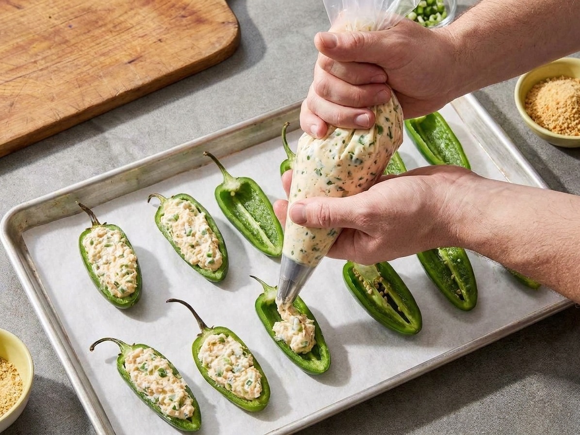 Close-up of hands piping creamy jalapeño filling into halved fresh jalapeños on a parchment-lined baking sheet in a home kitchen