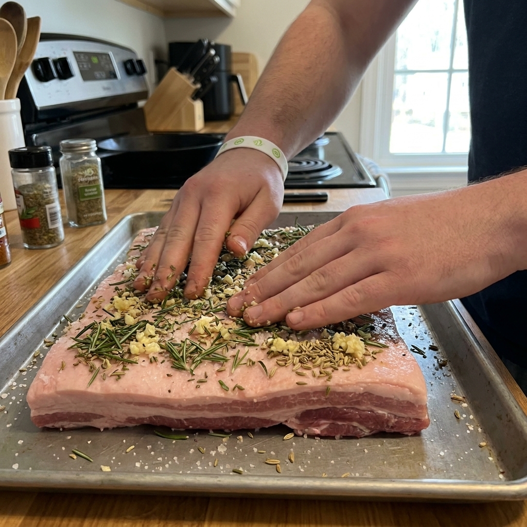 Close-up of hands rubbing a pork belly with chopped rosemary, minced garlic, fennel seeds, and salt on a sheet pan, home kitchen photo