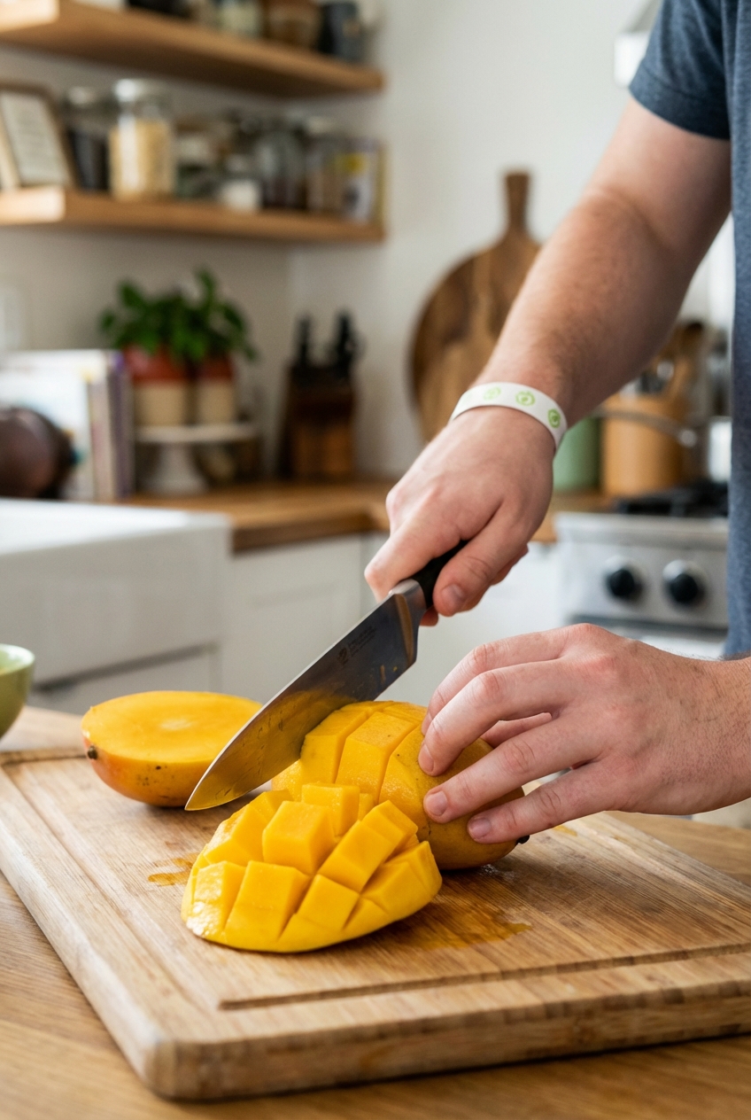 Close up of hands slicing a ripe mango on a cutting board with a chef's knife