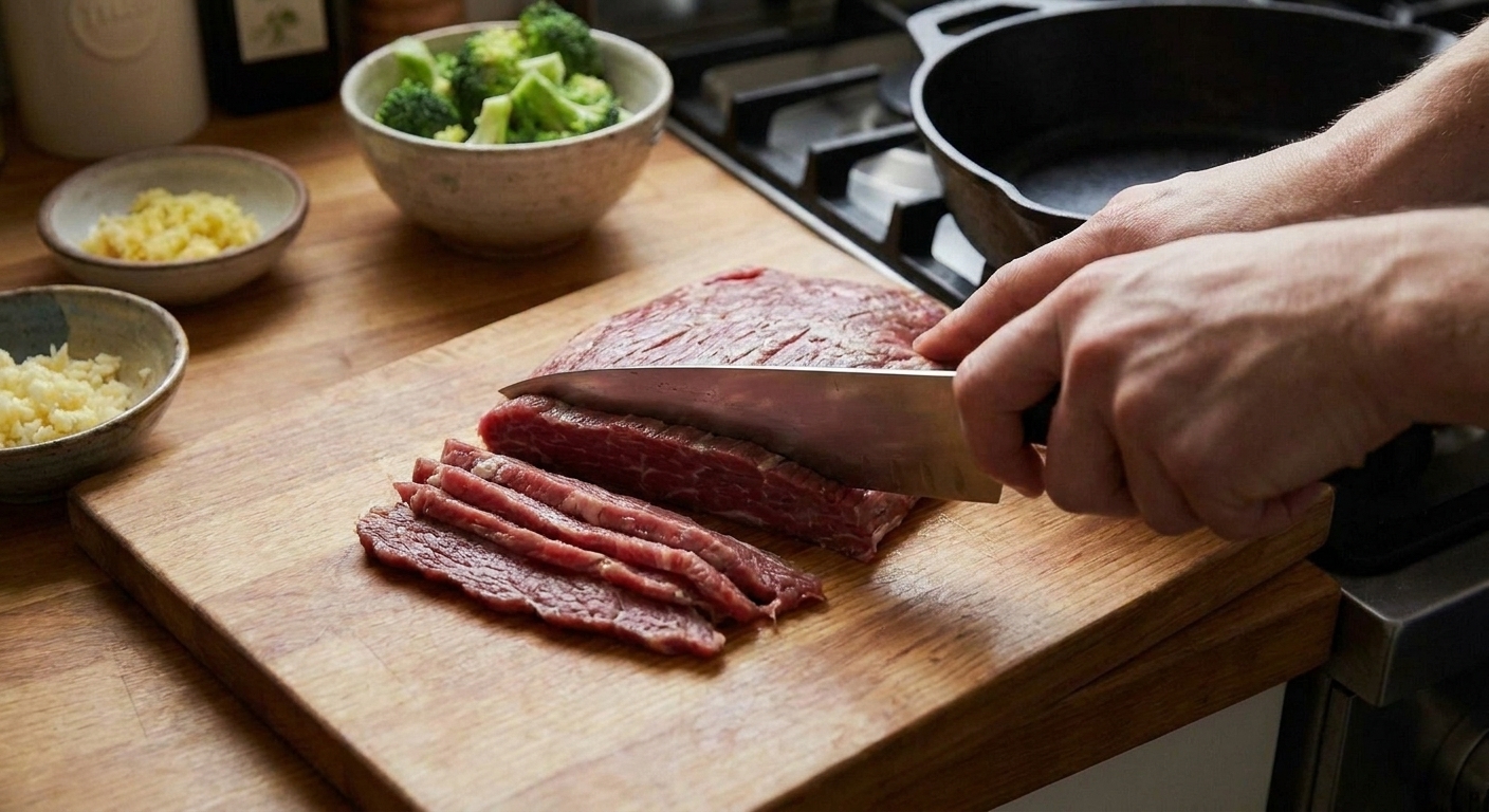 Close-up of hands slicing flank steak thinly against the grain on a wooden cutting board with a chef's knife