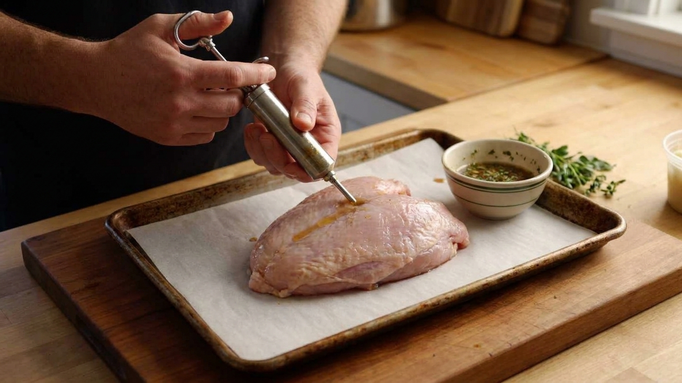 Close-up of hands using a metal injector to inject a raw turkey breast on a sheet pan in a home kitchen