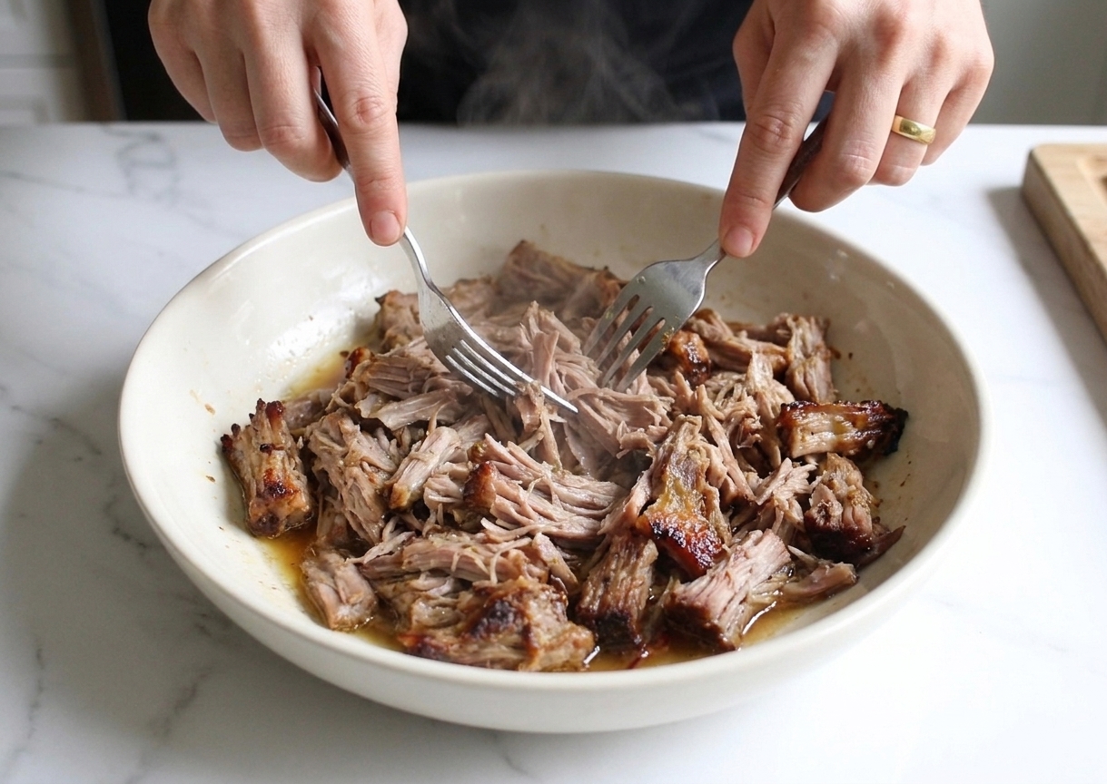 Close up of hands using two forks to shred tender slow cooked pork in a large bowl on a kitchen counter