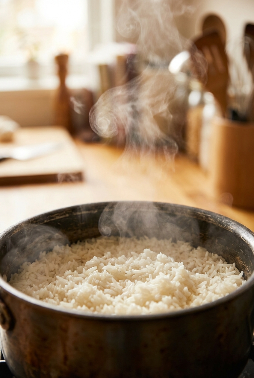 Close-up of jasmine rice grains in a pot, showing steam rising after resting with the lid on