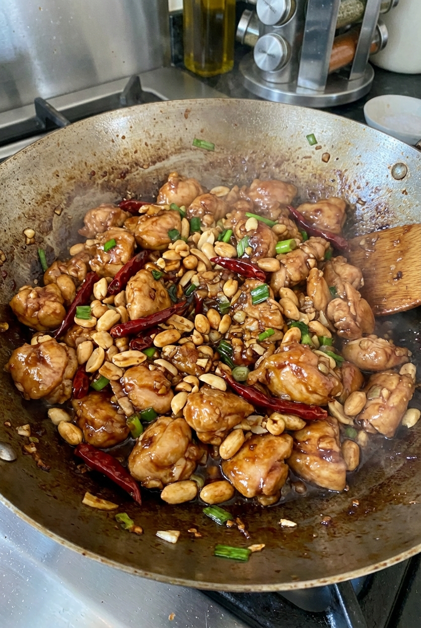 Close-up of kung pao chicken pieces coated in sauce with roasted peanuts and dried chiles in a pan