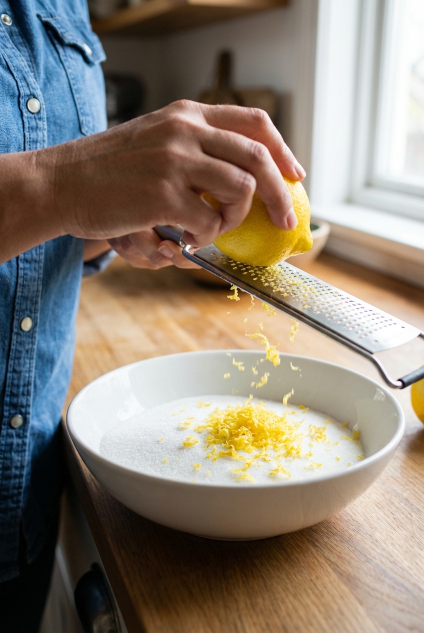 Close up of lemon zest being grated over a bowl of sugar with a microplane