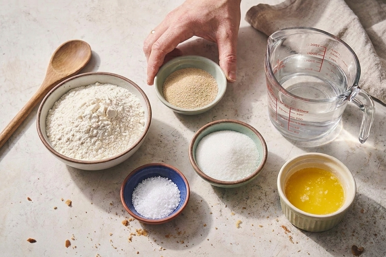 Close-up of measured flour, instant yeast, salt, sugar, and melted butter set out for making yeast bread on a kitchen counter