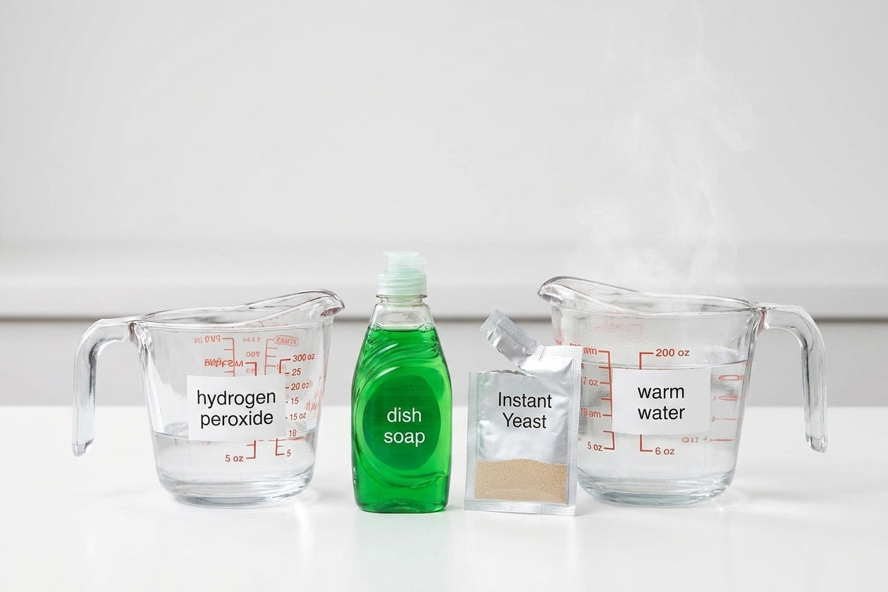 Close-up of measured hydrogen peroxide in a cup next to dish soap, a packet of yeast, and warm water on a kitchen counter