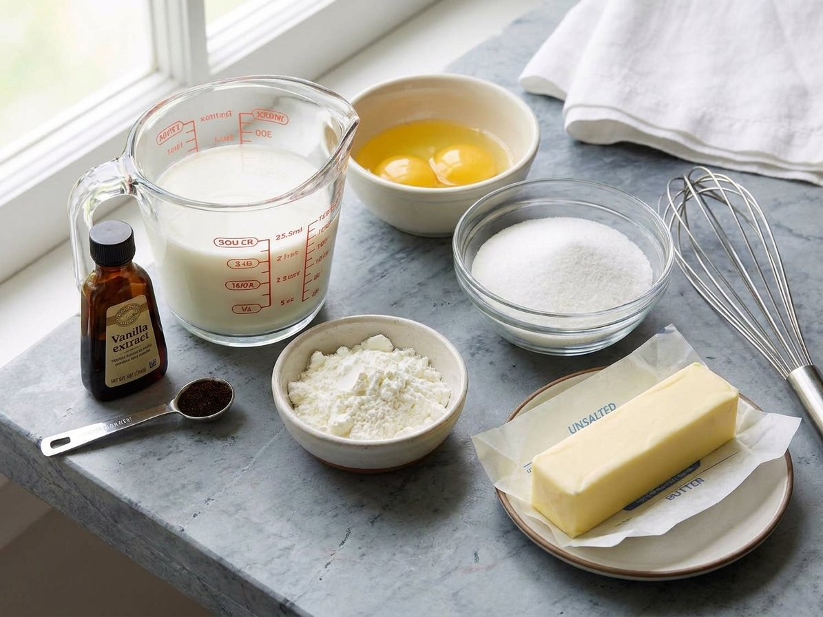 Close-up of measured milk, eggs, sugar, cornstarch, butter, and vanilla on a neutral kitchen counter, ready to cook