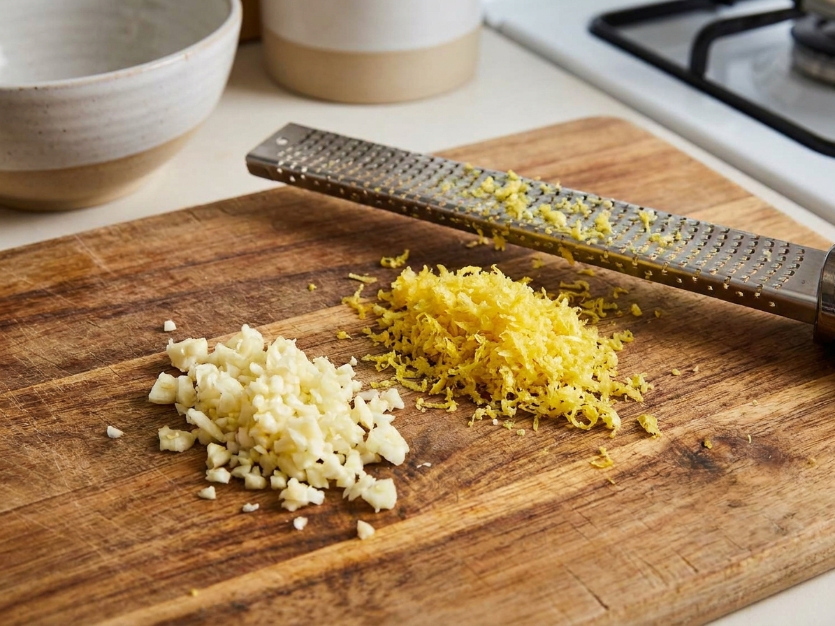 Close-up of minced garlic and fresh lemon zest on a cutting board with a microplane in a home kitchen