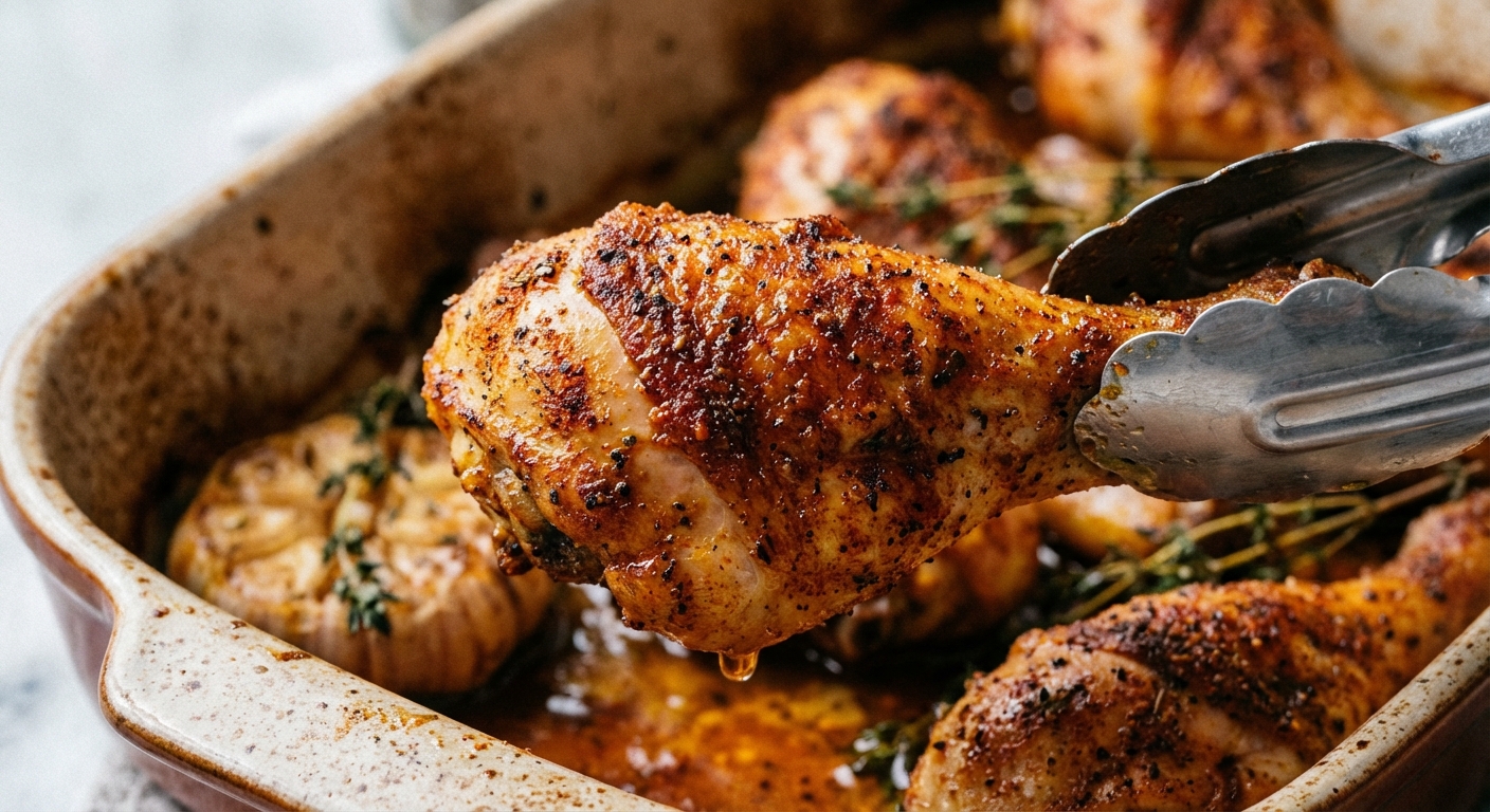 Close-up of one crispy baked chicken drumstick being lifted with tongs, showing browned skin and spice coating