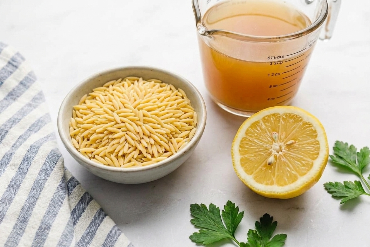 Close-up of orzo pasta, chicken broth in a measuring cup, and a halved lemon on a kitchen counter