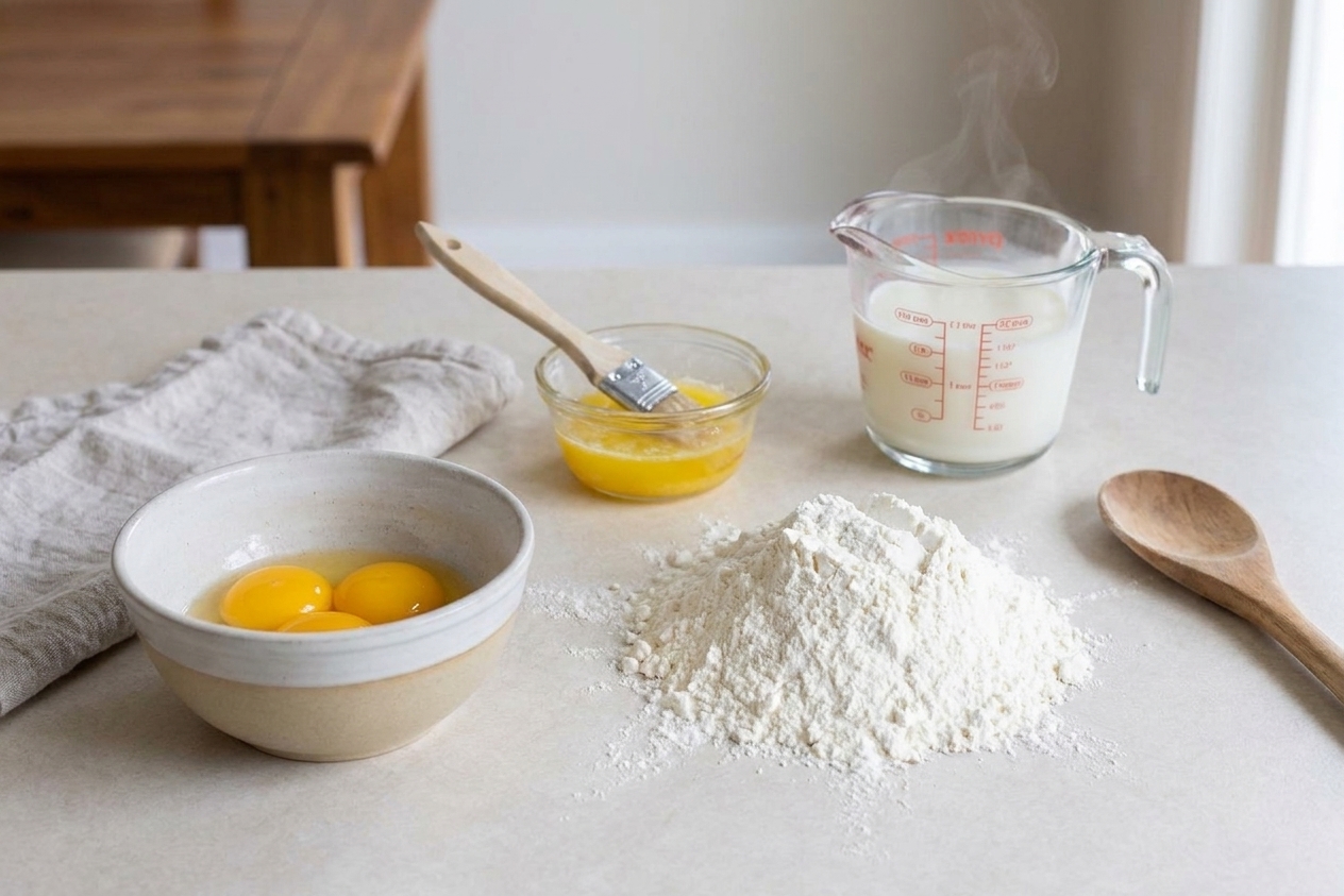 Close-up of paczki dough ingredients on a counter including egg yolks in a bowl, flour, melted butter, and warmed milk