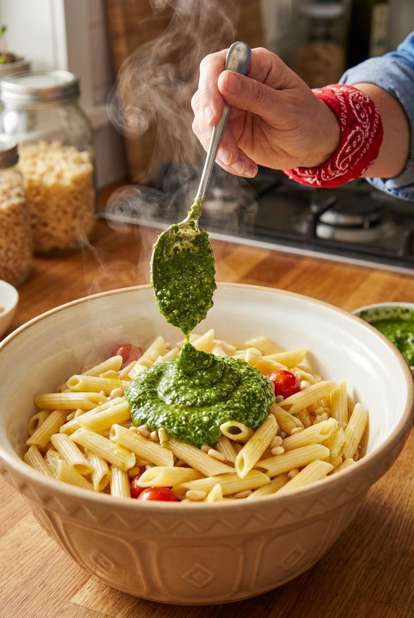 Close-up of pesto sauce being spooned over hot pasta in a mixing bowl