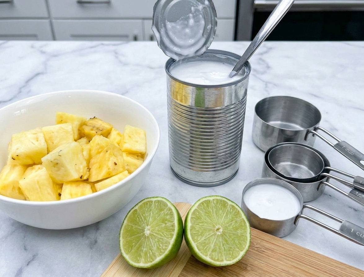 Close-up of pineapple chunks, an opened can of coconut milk, and a cut lime on a tidy kitchen counter with measuring cups