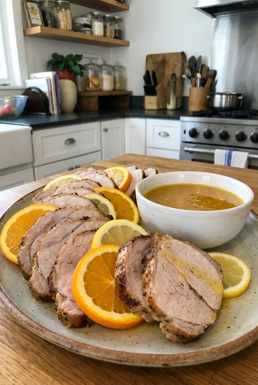 Close-up of pork loin slices fanned on a platter with orange and lemon slices and a small bowl of citrus pan sauce